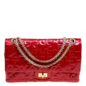 Pre Owned Chanel Red Puzzle Patent Leather Reissue 2.55 Classic 226 Flap Bag