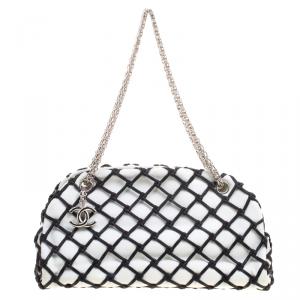 Pre Owned Chanel Black/White Canebiers Leather Medium Just Mademoiselle Bowling Bag