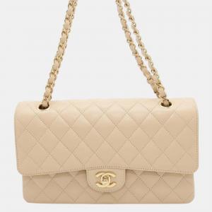 Chanel Matelasse Double Flap Chain Shoulder Bag Beige Caviar Leather Size 25