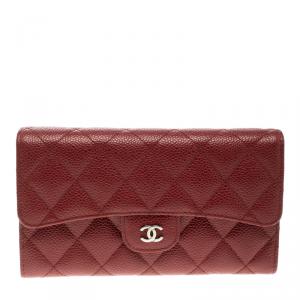 Chanel Red Quilted Caviar Leather Classic Flap Wallet