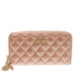Chanel Metallic Peach Quilted Leather Brilliant Zippy Organizer Wallet