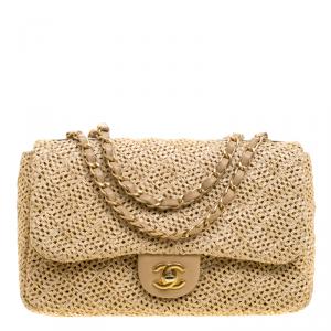 Pre Owned Chanel Beige Crochet Raffia Medium Classic Single Flap Bag