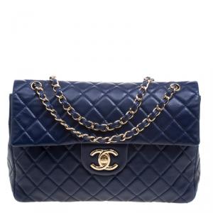 Pre Owned Chanel Blue Leather Maxi Jumbo XL Classic Flap Bag