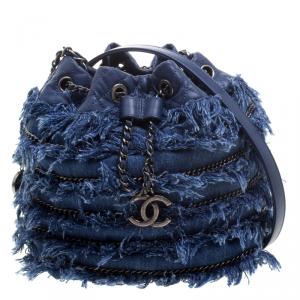 Chanel Blue Denim CC Chains Fringe Drawstring Bucket Bag