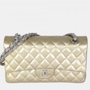 Chanel Gold Striated Quilted Patent Medium Classic Double Flap Bag