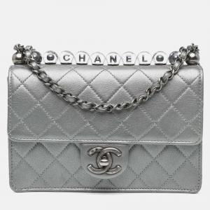 Chanel Silver Small Metallic Goatskin Chic Pearls Flap