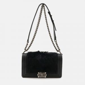 Chanel Black  Lambskin Fur Chanel 25 Coco Mark Boy Bag 