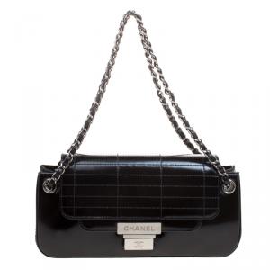 Pre Owned Chanel Black Patent Leather Push Lock Accordion Flap Bag