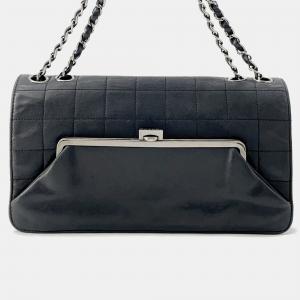 Chanel Chocolate Bar Kiss Lock Chain shoulder Bag Black Lambskin