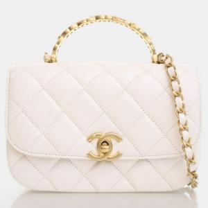 Chanel Small White Calfskin Crystal Top Handle Flap Bag