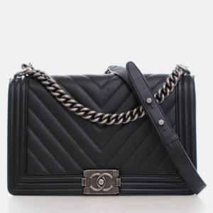 Chanel Large Black Caviar Chevron Boy Bag