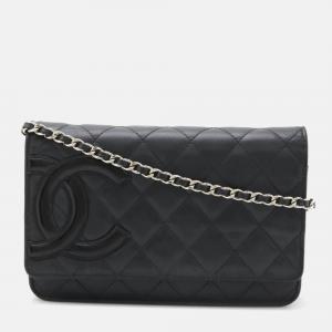 Chanel Cambon Line Coco Mark Chain Wallet Shoulder Bag Pochette Calfskin Enamel Black