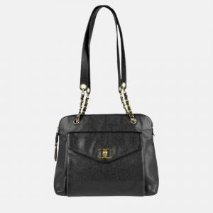 Chanel Shoulder Bag Caviar Skin Leather Black Gold