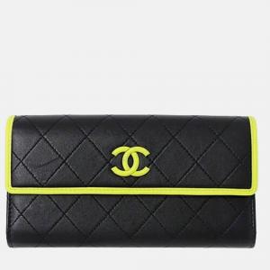 Chanel Wallet Matelasse Long Lambskin Black Yellow Bicolor