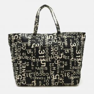 Chanel By Sea Line Tote Bag Large Plastic Chain Canvas Black Ivory