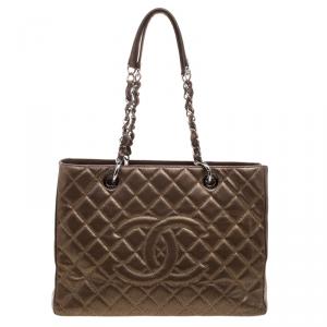 Pre Owned Chanel Metallic Bronze Caviar Leather Grand Shopping Tote
