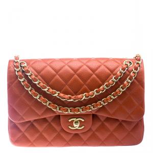 Chanel Red Orange Glaze Quilted Caviar Leather Jumbo Classic Double Flap Bag