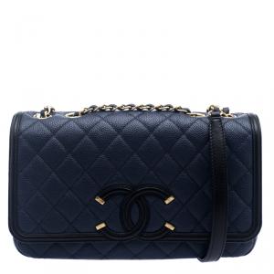 Pre Owned Chanel Blue/Black Quilted Caviar Leather CC Flap Bag