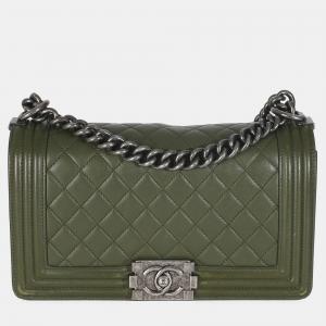 Chanel Green Quilted Lambskin Old Medium Boy Bag