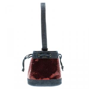 Pre Owned Chanel Blue/Red Sequin Embellished Denim Small Bucket Bag