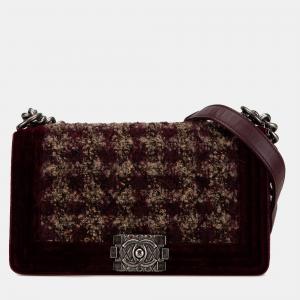 Chanel Burgundy Old Medium Velvet and Tweed Boy Flap Bag