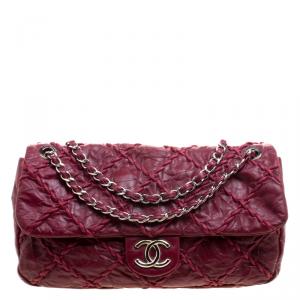 Pre Owned Chanel Burgundy Crinkled Leather Ultra Stitch Classic Flap Bag