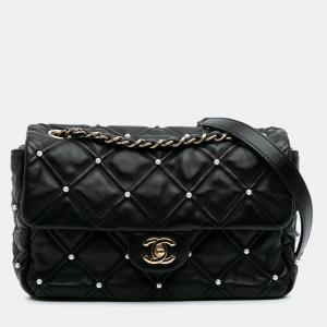Chanel Medium Pearl Studs Flap Black Quilted Lambskin Shoulder Bag