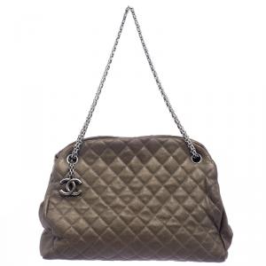 Pre Owned Chanel Dark Beige Quilted Caviar Leather Large Just Mademoiselle Bowling Bag