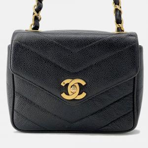 Chanel V Stitch Chain shoulder Bag Black Caviar Leather