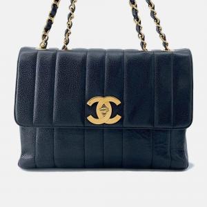 Chanel Mademoiselle Single Flap Chain Shoulder Bag Black Caviar Leather Size 30