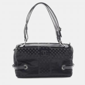 Chanel Cc Logo Shoulder Travel Bag Velvet Fabric Leather Black Shw