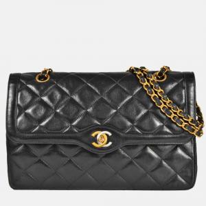 Pre Owned Chanel Matelasse Coco Mark Double Flap Black Lambskin Chain Shoulder Bag