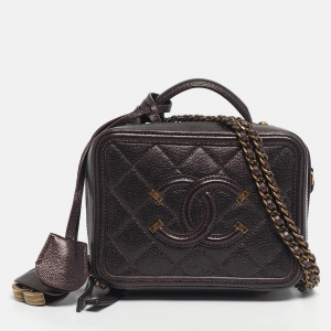Pre Owned Chanel Burgundy Quilted Caviar Leather Small CC Filigree Vanity Case Bag