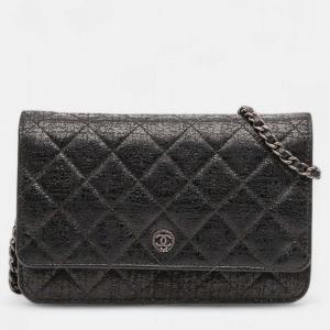 Pre Owned Chanel Black CC Quilted Crinkled Calfskin Wallet On Chain