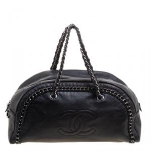 Pre Owned Chanel Black Leather Large Chain Trim Luxe Ligne Bowler Boston Bag