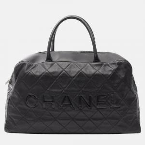 Chanel Black Large Quilted Caviar and Patent Logo Bowler Bag