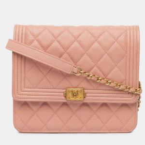 Chanel Pink Quilted Caviar Square Boy Wallet On Chain
