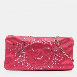 Chanel Pink Satin Diamante Camellia Clutch with Chain