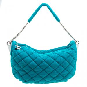 Pre Owned Chanel Turquoise Quilted Jersey Bubble Hobo