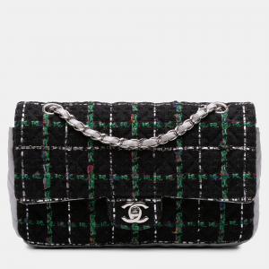 Chanel Black Medium Classic Quilted Tweed and Metallic Lambskin Double Flap