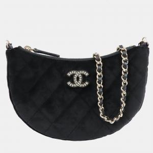 Chanel Black CC Quilted Velour Half Moon Chain Crossbody