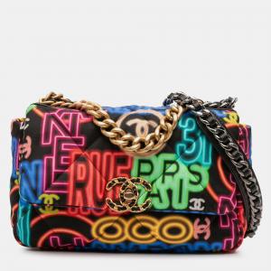 Chanel Black Multicolor Medium Printed Nylon Graffiti 19 Flap