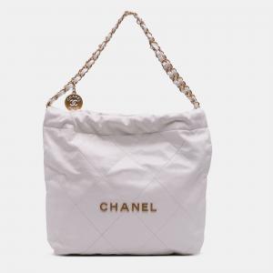 Pre Owned Chanel White Small Quilted Shiny Calfskin 22 Handbag