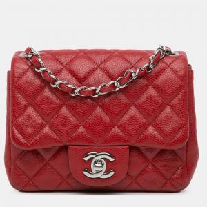 Pre Owned Chanel Red Mini Square Classic Caviar Single Flap