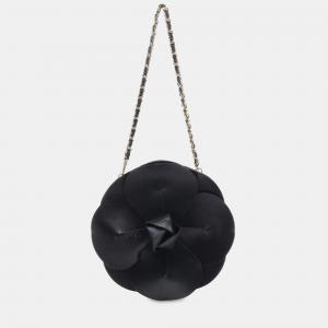 Pre Owned Chanel Black Lambskin and Satin Camellia Flower Evening Bag