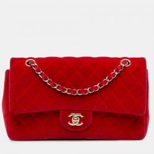 Pre Owned Chanel Red Medium Classic Velvet Double Flap