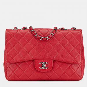 Pre Owned Chanel Red Jumbo Classic Caviar Single Flap