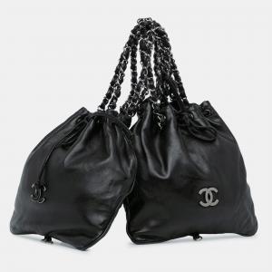 Pre Owned Chanel Black CC Calfskin Dual Twin Chain Handbag