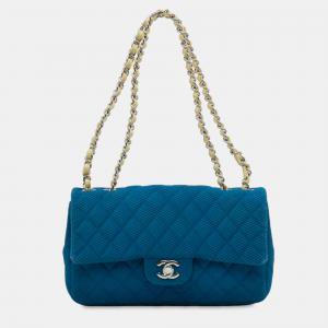 Pre Owned Chanel Blue/Yellow Medium Quilted Perforated Jersey Single Flap