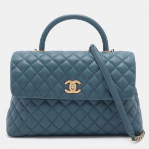 Pre Owned Chanel Blue Medium Quilted Caviar Coco Top Handle Bag